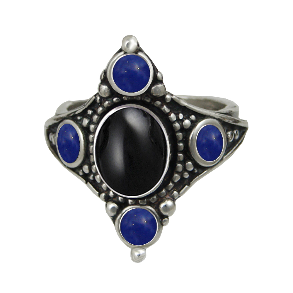 Sterling Silver Renaissance Queen's Ring With Black Onyx And Lapis Lazuli Size 8 Sterling Silver Renaissance Queen's Ring With Black Onyx And Lapis Lazuli Size 8